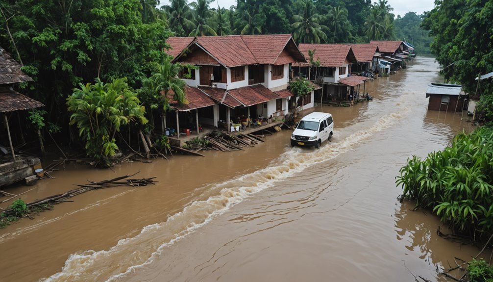 crocodile approaches flooded home